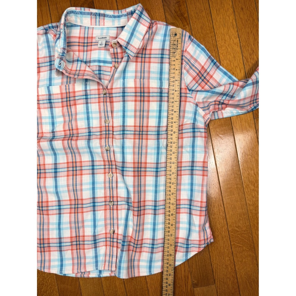 LL Bean Womens Petite S Orange Blue Plaid Cotton Button Down Shirt 506883 - Picture 7 of 7